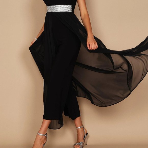 NAVY JUMPSUIT DRESS - R & M Richards Gorgeous Rhinestone Belt and Sheer Dress - Picture 2 of 7